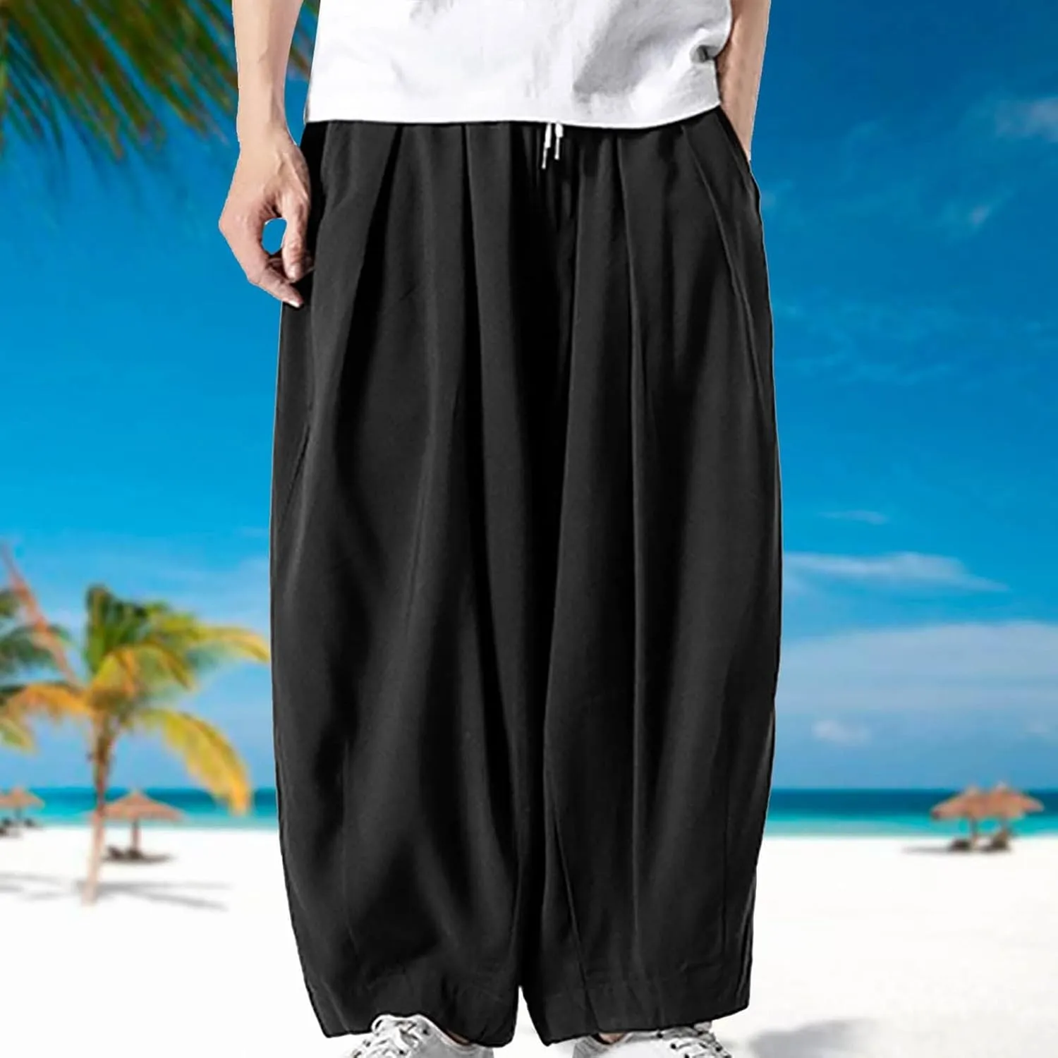 SUWBMHWE Mens Harem Pants Men Summer Beach Lounge Hippie Linen Graphic Wide-Leg Trousers Boho Toji Baggy Plus Size