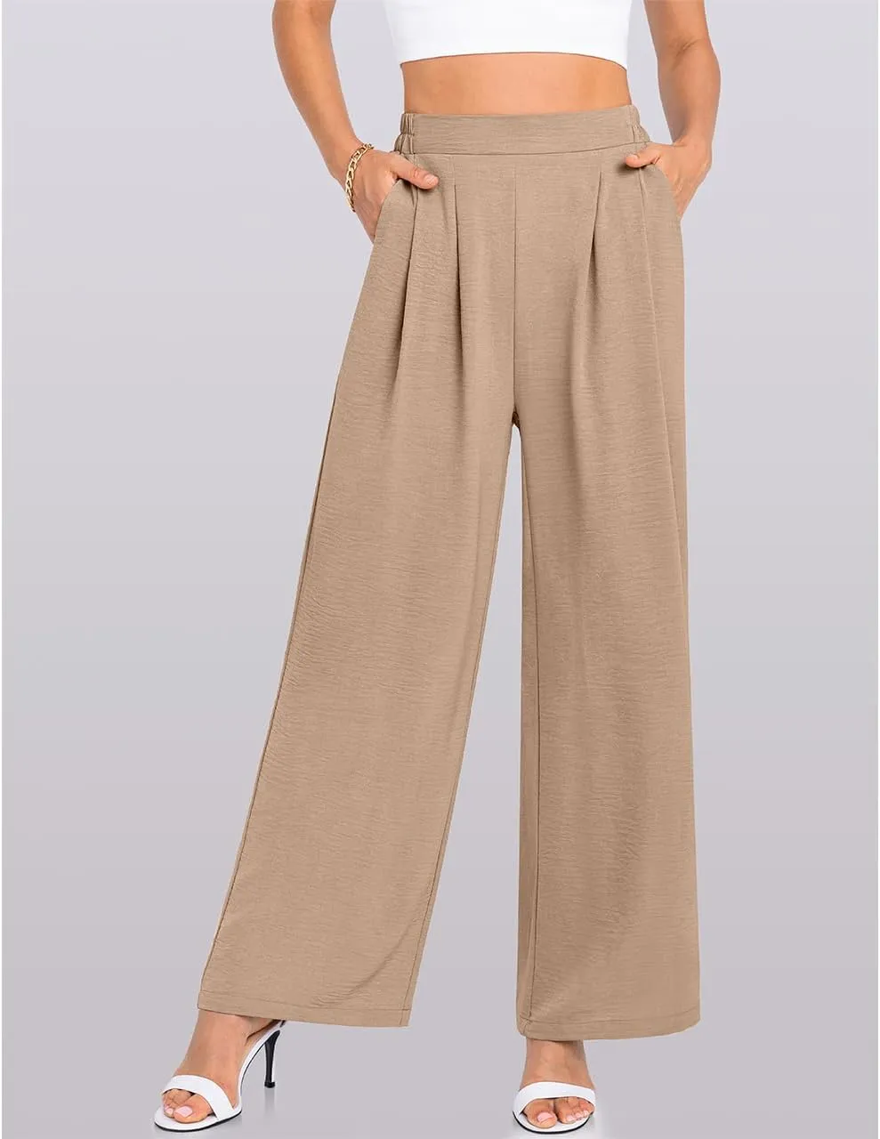 TARSE Women's Wide Leg Dress Pants Work Business Casual High Elastic Waisted Flowy Trousers Palazzo Pants with Pockets