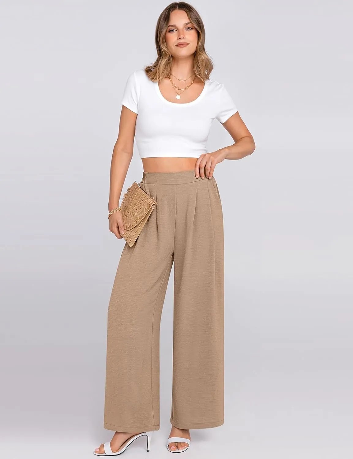 TARSE Women's Wide Leg Dress Pants Work Business Casual High Elastic Waisted Flowy Trousers Palazzo Pants with Pockets