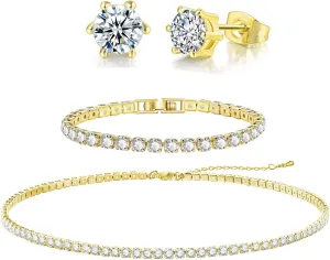 Tennis Necklace Bracelet Earrings Jewelry Sets for Women Teen Female Silver/Gold Plated Cubic Zirconia Necklace Set Fashion Jewelry Pack of 3