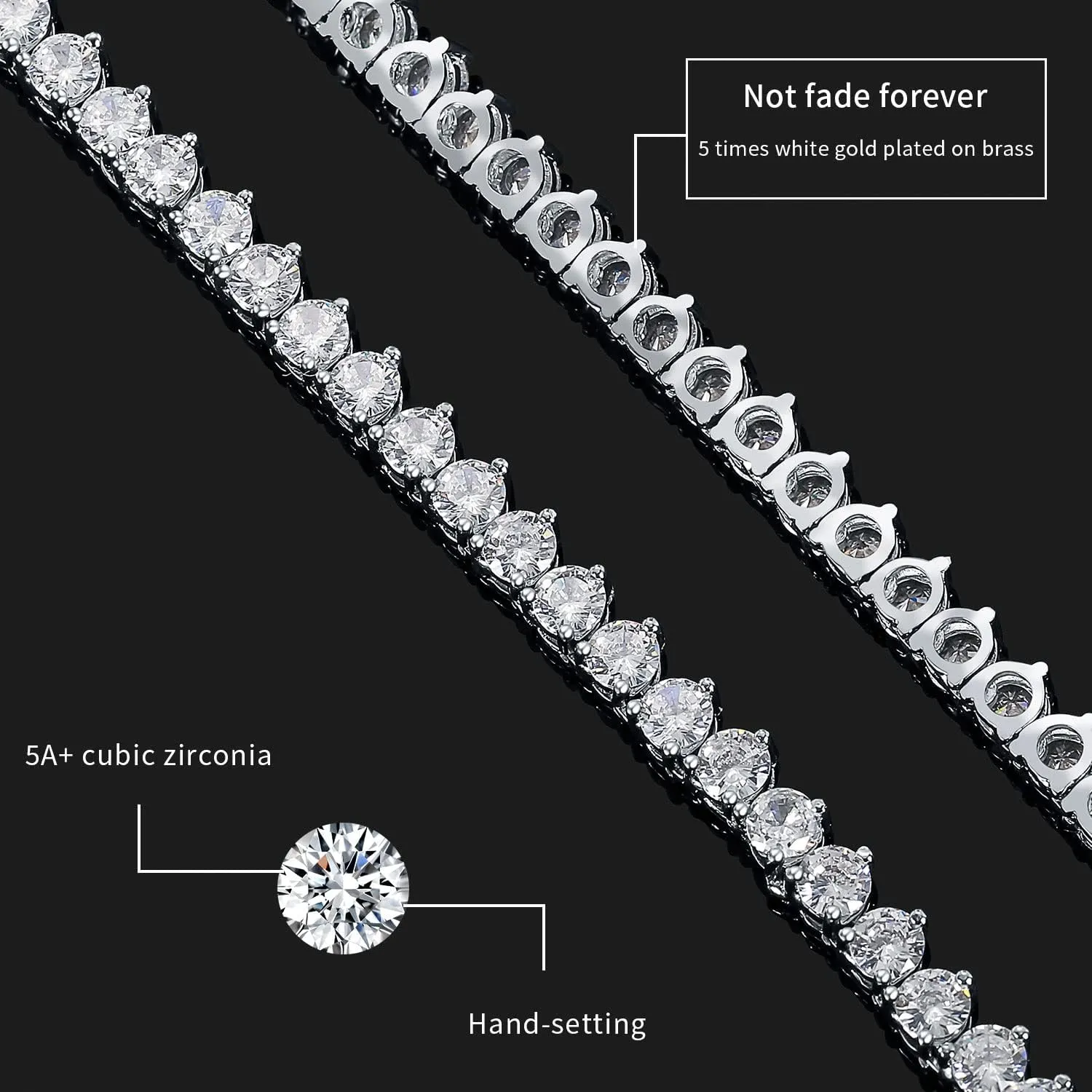Tennis Necklace for Women Men 3 Prong 18K White Gold Plated 5A 4.0mm Round Cubic Zirconia Cut Faux Diamond Chain