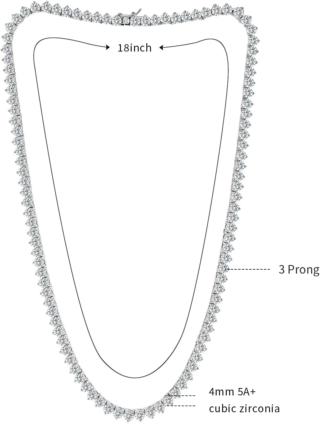 Tennis Necklace for Women Men 3 Prong 18K White Gold Plated 5A 4.0mm Round Cubic Zirconia Cut Faux Diamond Chain