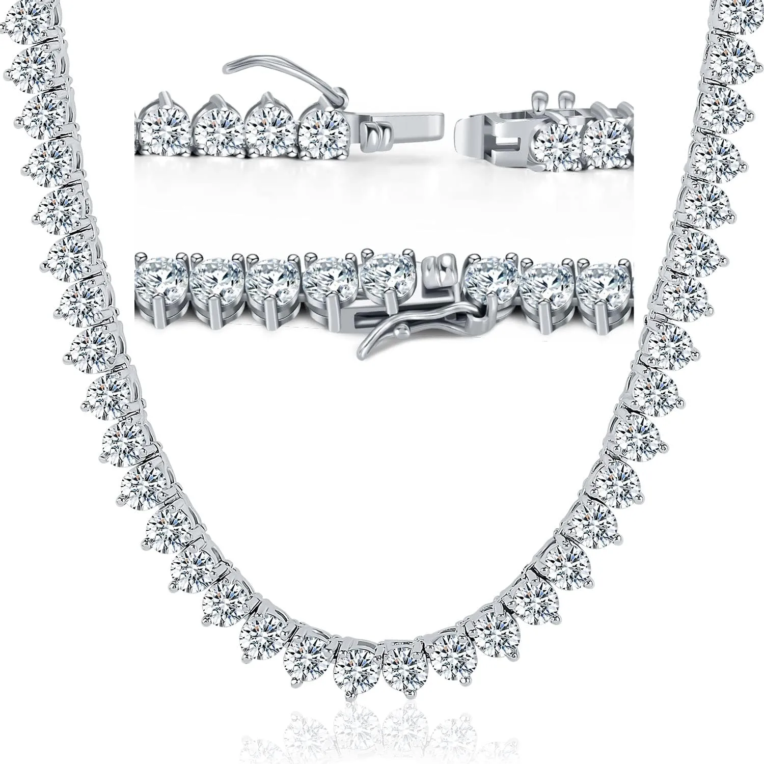 Tennis Necklace for Women Men 3 Prong 18K White Gold Plated 5A 4.0mm Round Cubic Zirconia Cut Faux Diamond Chain