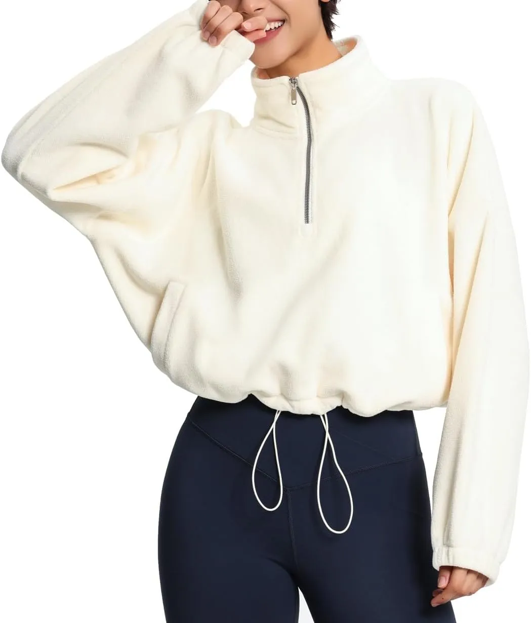 THE GYM PEOPLE Womens Half Zip Crop Pullover Sweatshirt Fleece Stand Collar Workout Tops with Pockets Drawstring Hem