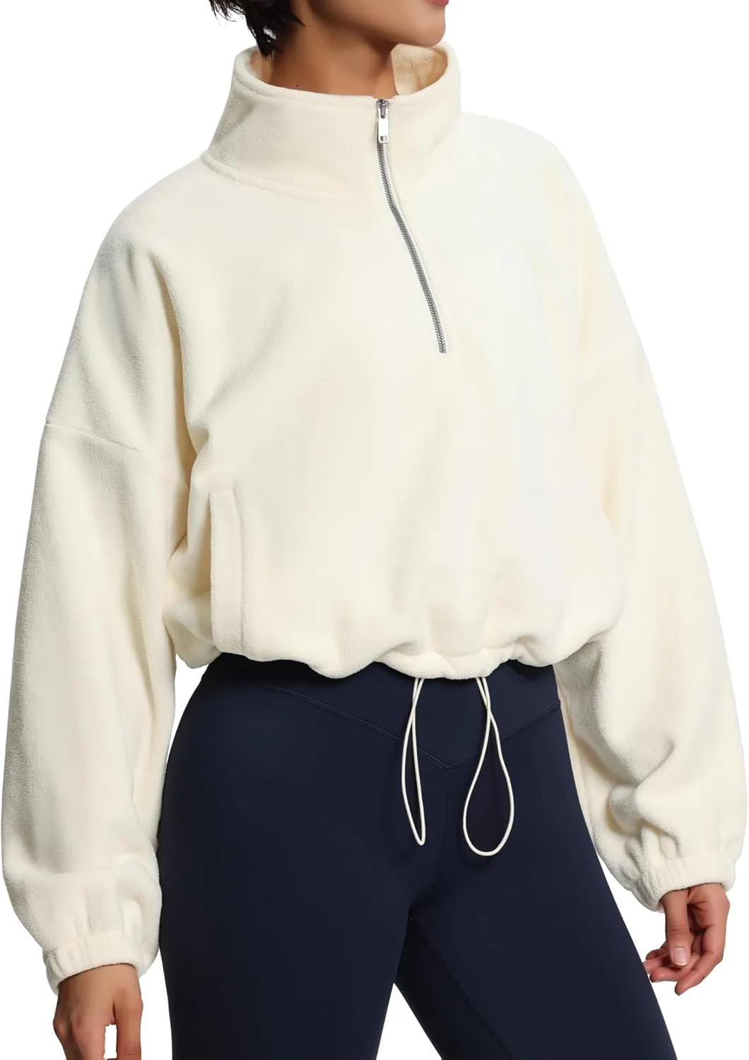 THE GYM PEOPLE Womens Half Zip Crop Pullover Sweatshirt Fleece Stand Collar Workout Tops with Pockets Drawstring Hem