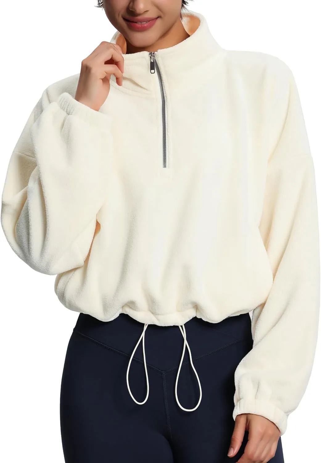 THE GYM PEOPLE Womens Half Zip Crop Pullover Sweatshirt Fleece Stand Collar Workout Tops with Pockets Drawstring Hem