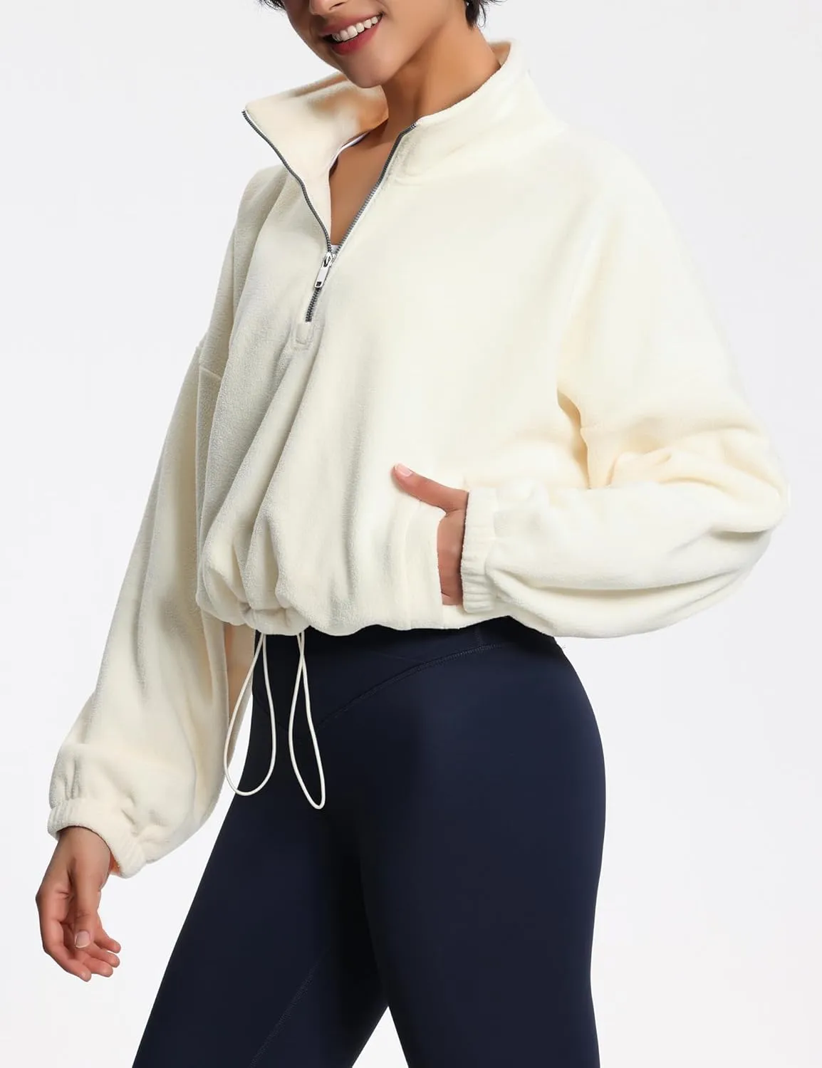 THE GYM PEOPLE Womens Half Zip Crop Pullover Sweatshirt Fleece Stand Collar Workout Tops with Pockets Drawstring Hem