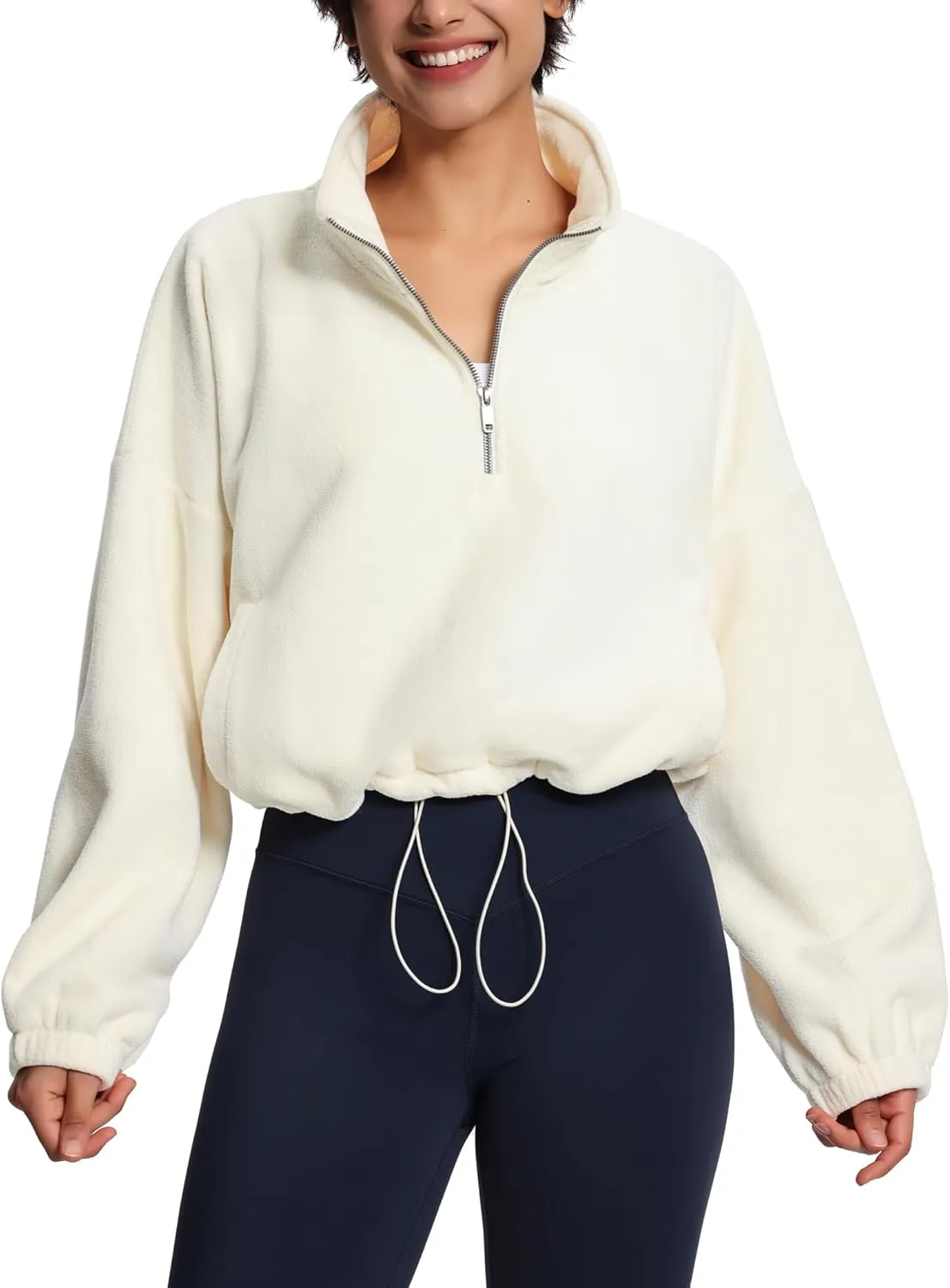 THE GYM PEOPLE Womens Half Zip Crop Pullover Sweatshirt Fleece Stand Collar Workout Tops with Pockets Drawstring Hem