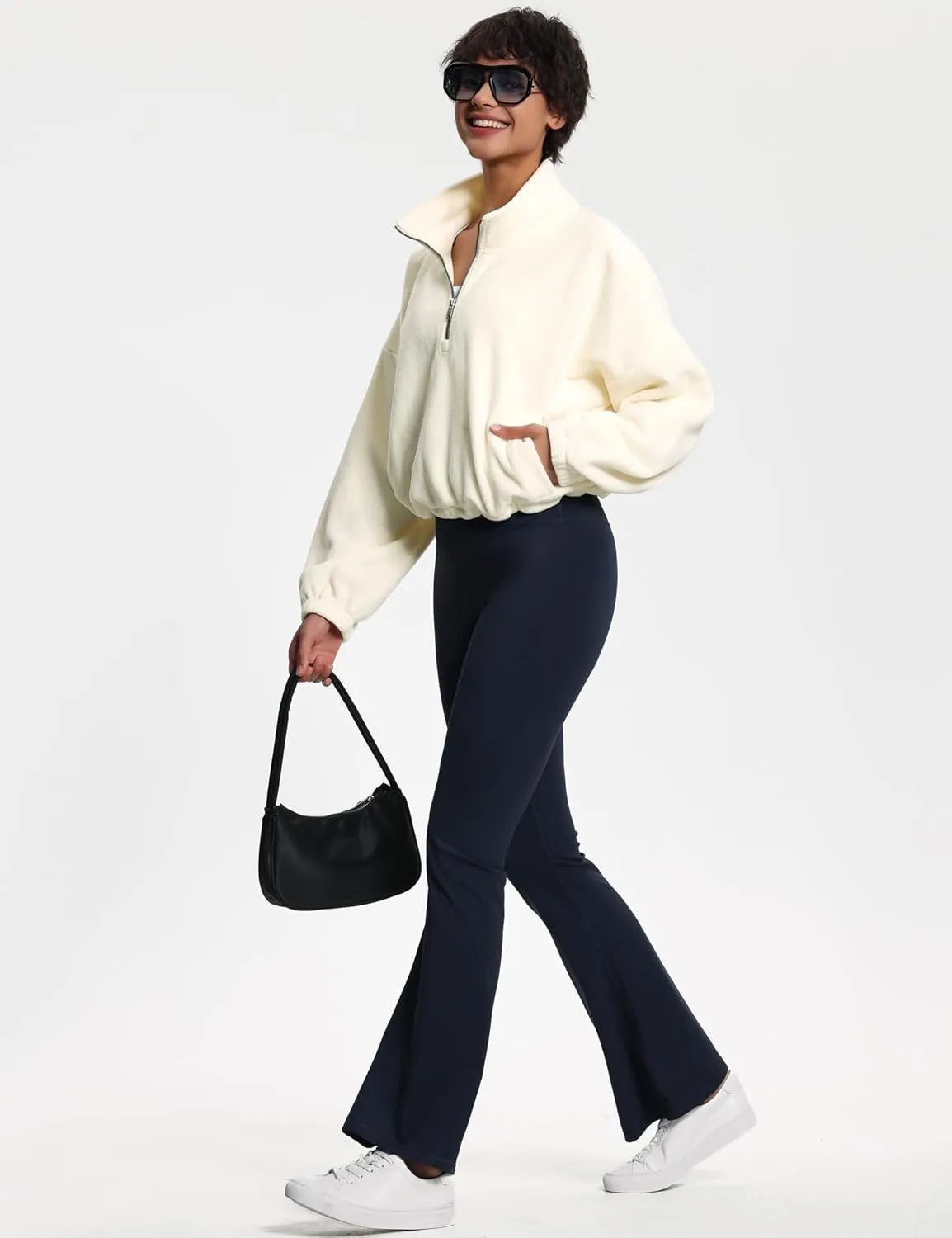 THE GYM PEOPLE Womens Half Zip Crop Pullover Sweatshirt Fleece Stand Collar Workout Tops with Pockets Drawstring Hem