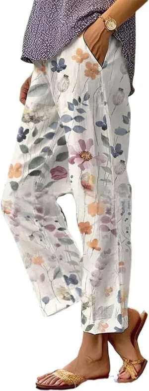 TIAFORD Womens Summer Boho Floral Print Linen Pants Drawstring Elastic Hight Waist Casual Loose Trousers with 4 Pockets