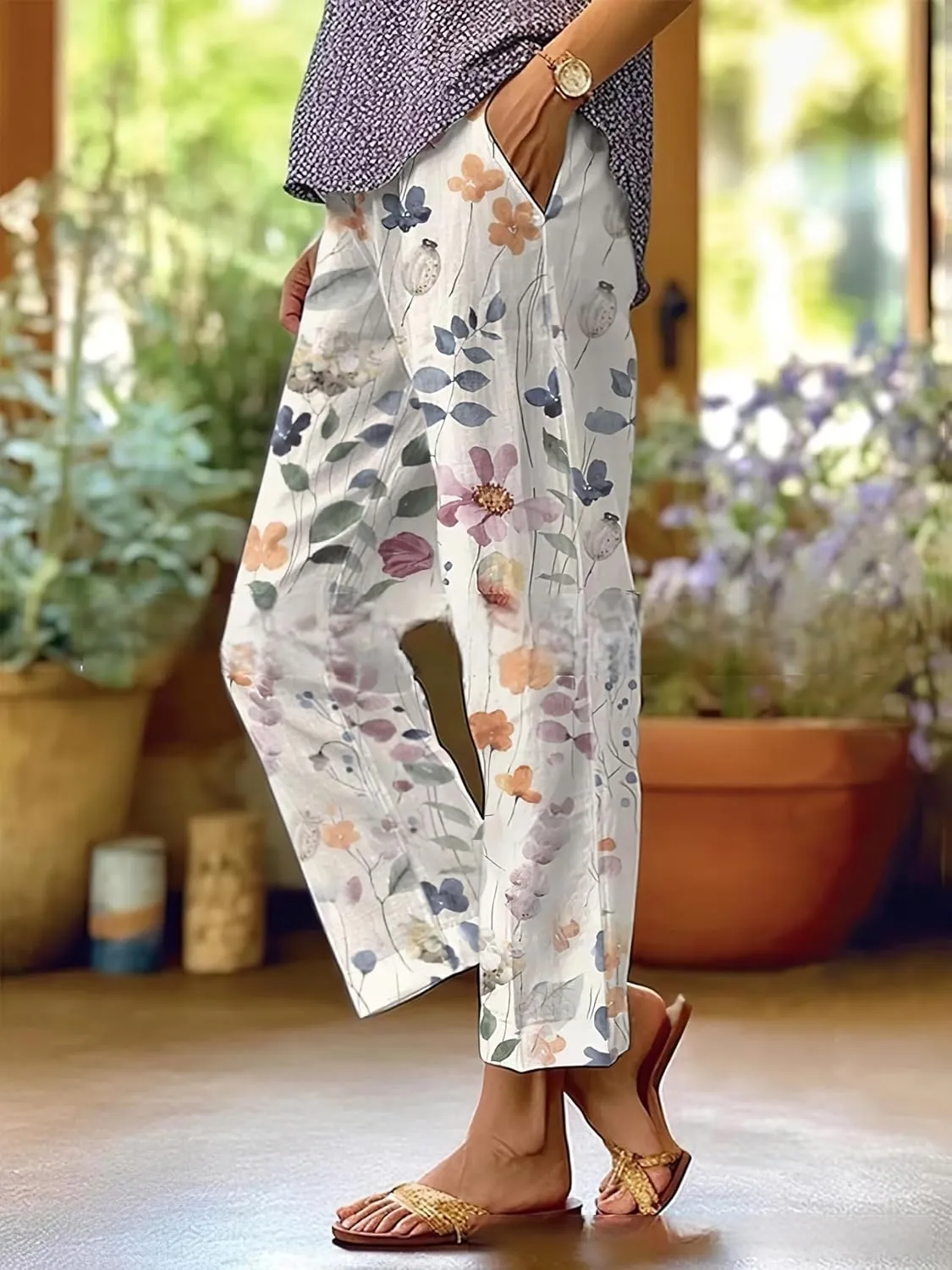 TIAFORD Womens Summer Boho Floral Print Linen Pants Drawstring Elastic Hight Waist Casual Loose Trousers with 4 Pockets
