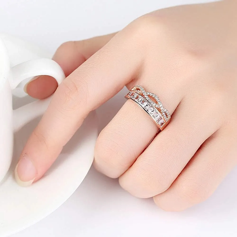 Uloveido Rose Gold & Platinum Plated Princess Cut Cubic Zirconia Eternity Ring, Infinity Wedding Band Engagement Rings Y937