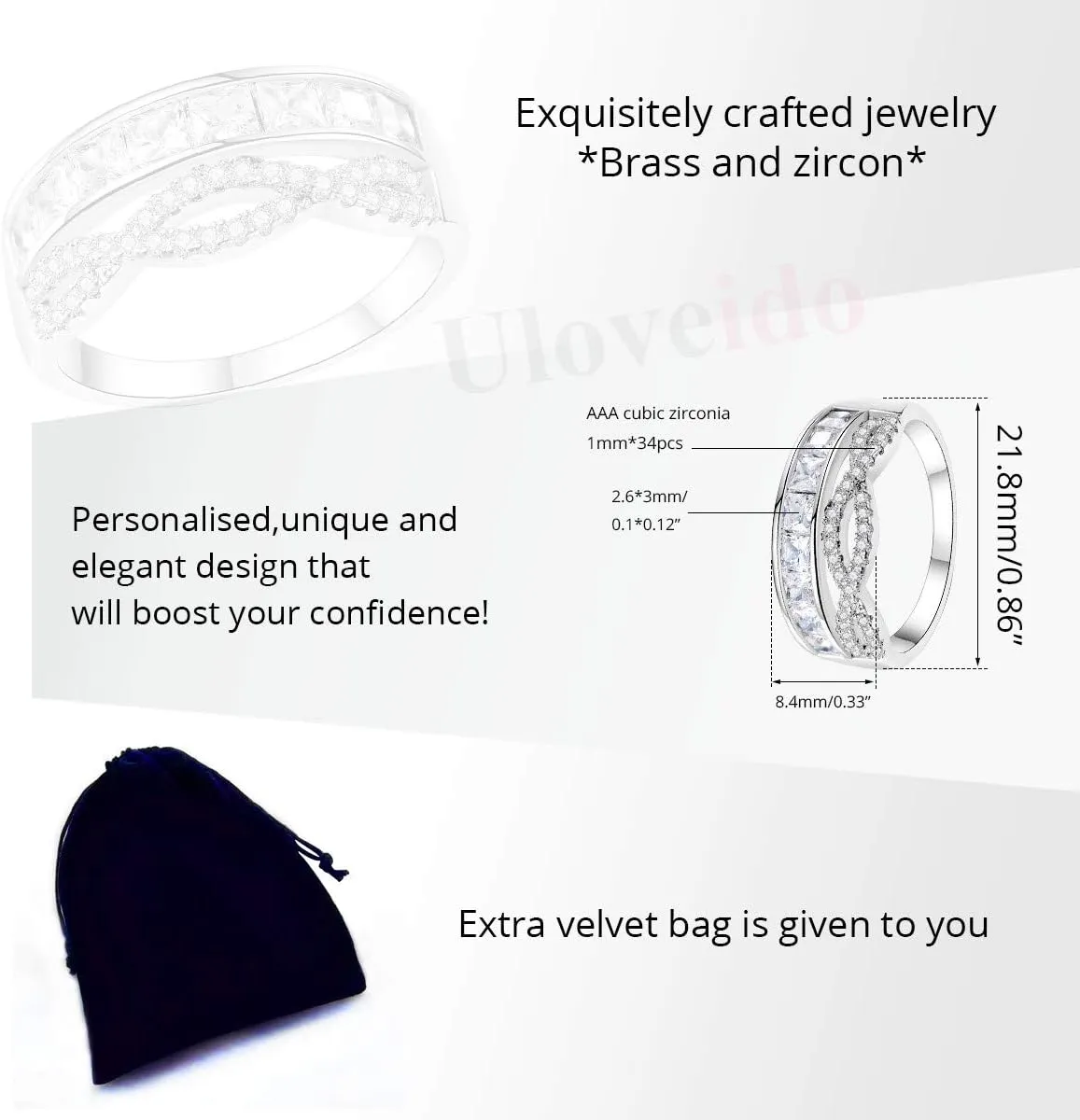 Uloveido Rose Gold & Platinum Plated Princess Cut Cubic Zirconia Eternity Ring, Infinity Wedding Band Engagement Rings Y937