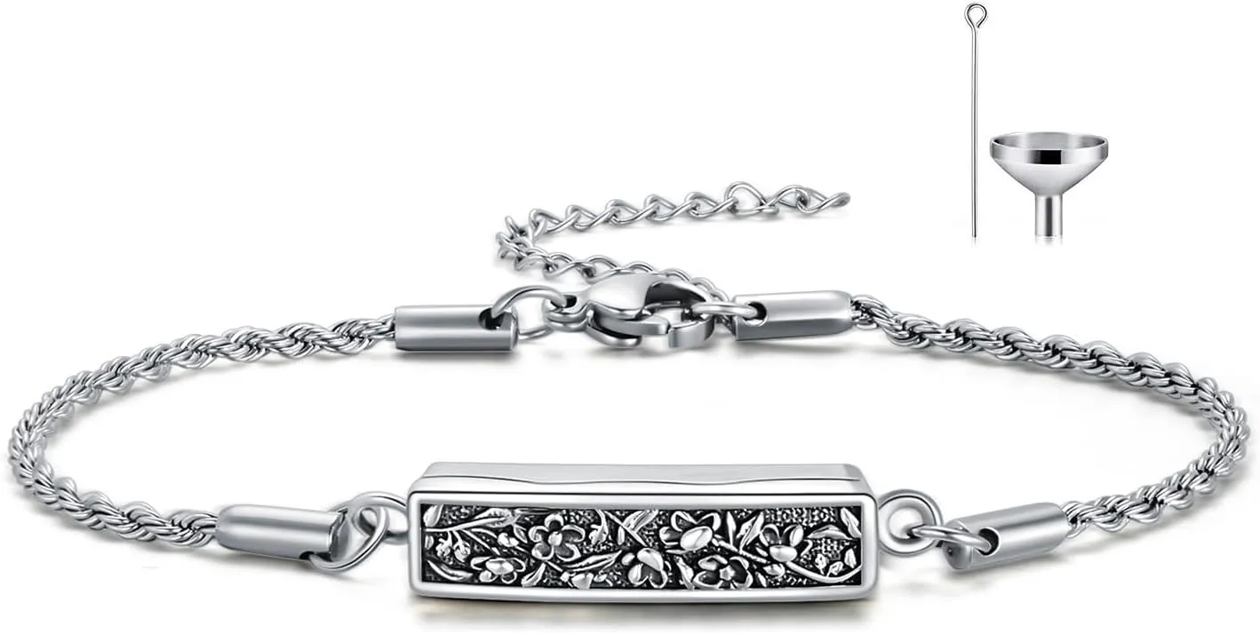 Urn Bracelet for Ashes 925 Sterling Silver Turquoise Hawthorn Flower/Daisy/Tree of Life Bar/Cross Cremation Urn Bracelet Jewelry for Ashes Keepsake Bracelets for Her Women Mom