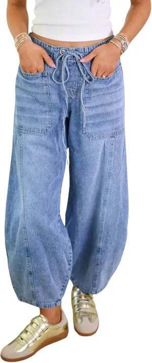 utcoco Womens Y2K Barrel Jeans Drawstring Elastic Waist Baggy Jeans Causal Mid Rise Harem Denim Pants