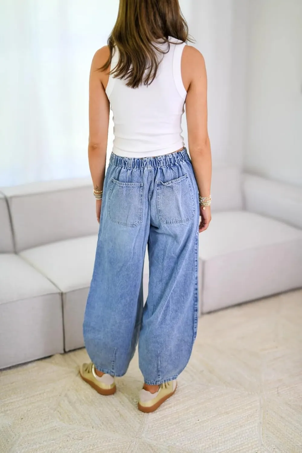 utcoco Womens Y2K Barrel Jeans Drawstring Elastic Waist Baggy Jeans Causal Mid Rise Harem Denim Pants