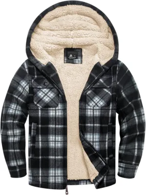 V VALANCH Boys Flannel Jacket Hooded Fleece Lined Zip-up Hoodies Plaid Coat for Kids