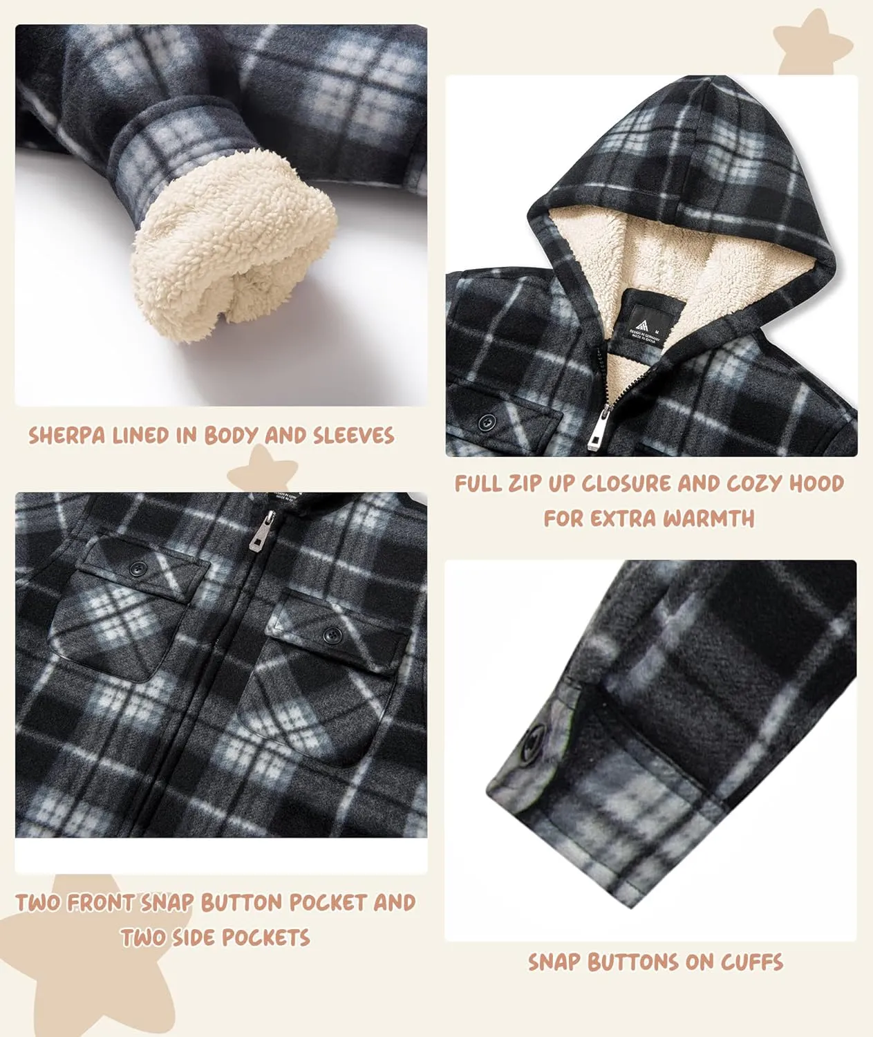 V VALANCH Boys Flannel Jacket Hooded Fleece Lined Zip-up Hoodies Plaid Coat for Kids