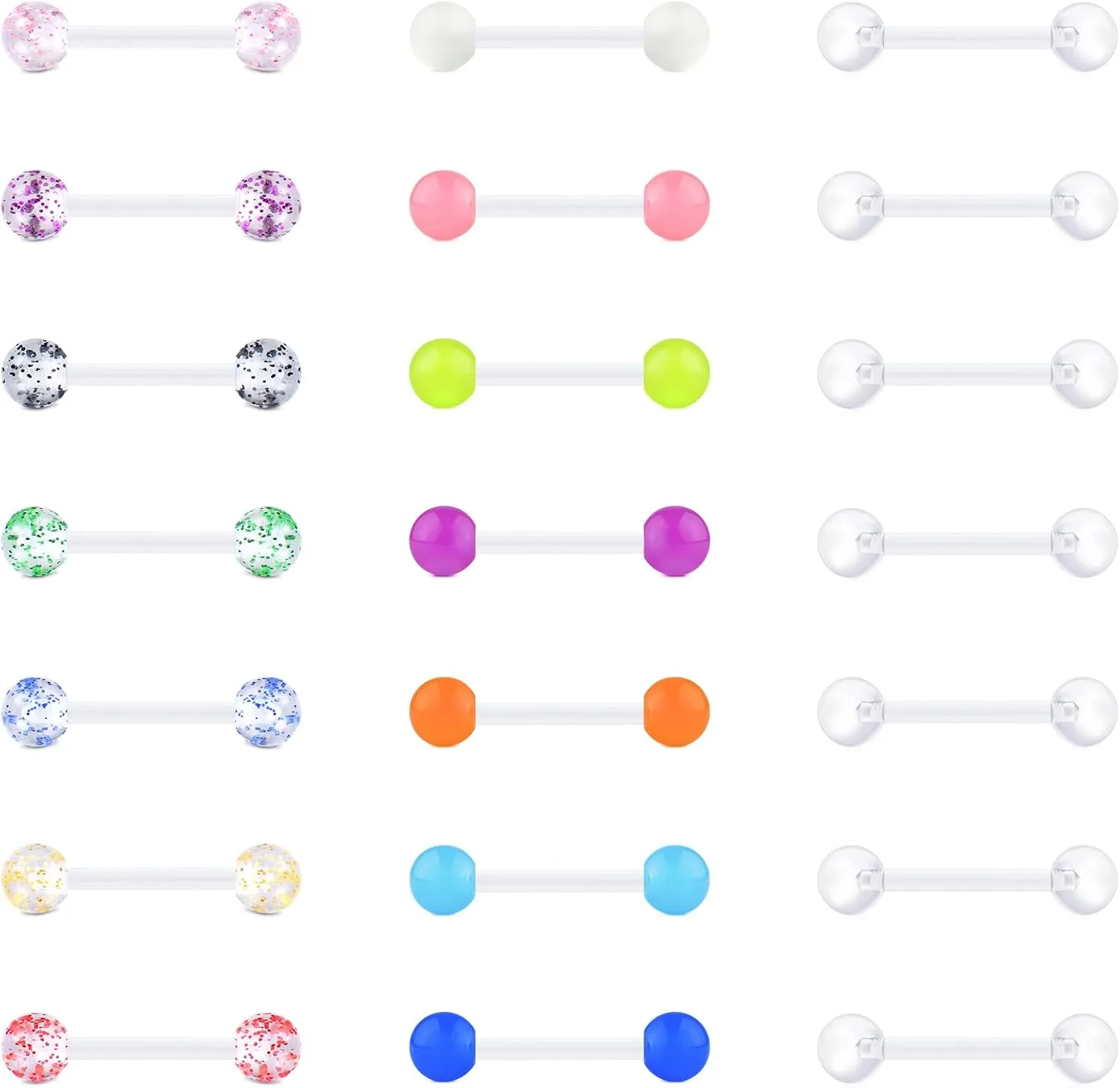 VCMART 14G Plastic Tongue Rings Plastic Nipple Rings for Surgery Clear Tongue Ring Nipple Piercings Glow in Dark Flexible Acrylic Straight Barbell Piercing Retainer for Work Sports 12/14/16/18MM
