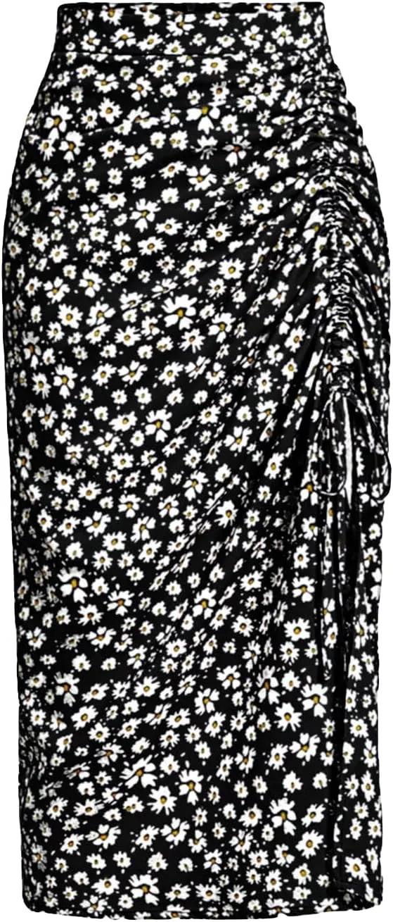 Verdusa Women's Ditsy Floral Print Ruched Skirt Split Thigh Casual Long Skirts