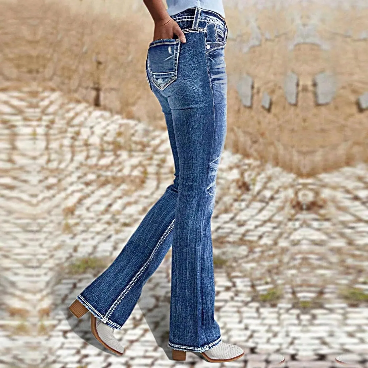 Vintage Bell Bottom Jeans for Women Low Rise Flare Wide Leg Stretchy Bootcut Jeans Distressed Wash 90S Ankle Denim Pants