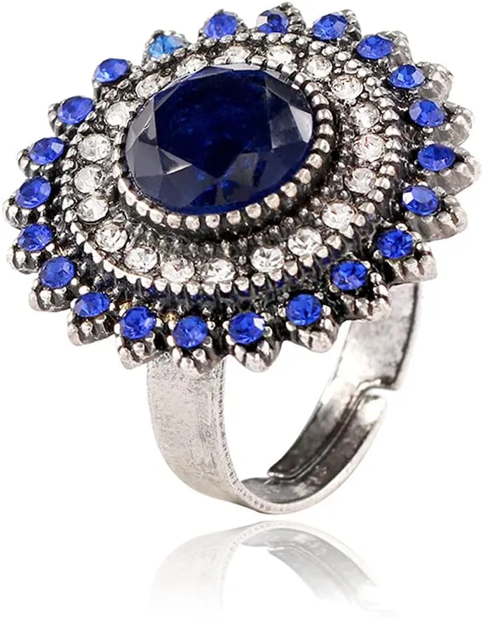 Vintage Blue Sunflower Statement Ring for Women Antique Round CZ Crystal Evil Eye Protection Adjustable Expandable Open Wrap Wedding Cocktail Party Rings Comfort Fit Art Deco Jewelry
