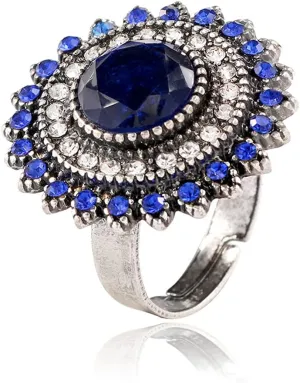 Vintage Blue Sunflower Statement Ring for Women Antique Round CZ Crystal Evil Eye Protection Adjustable Expandable Open Wrap Wedding Cocktail Party Rings Comfort Fit Art Deco Jewelry
