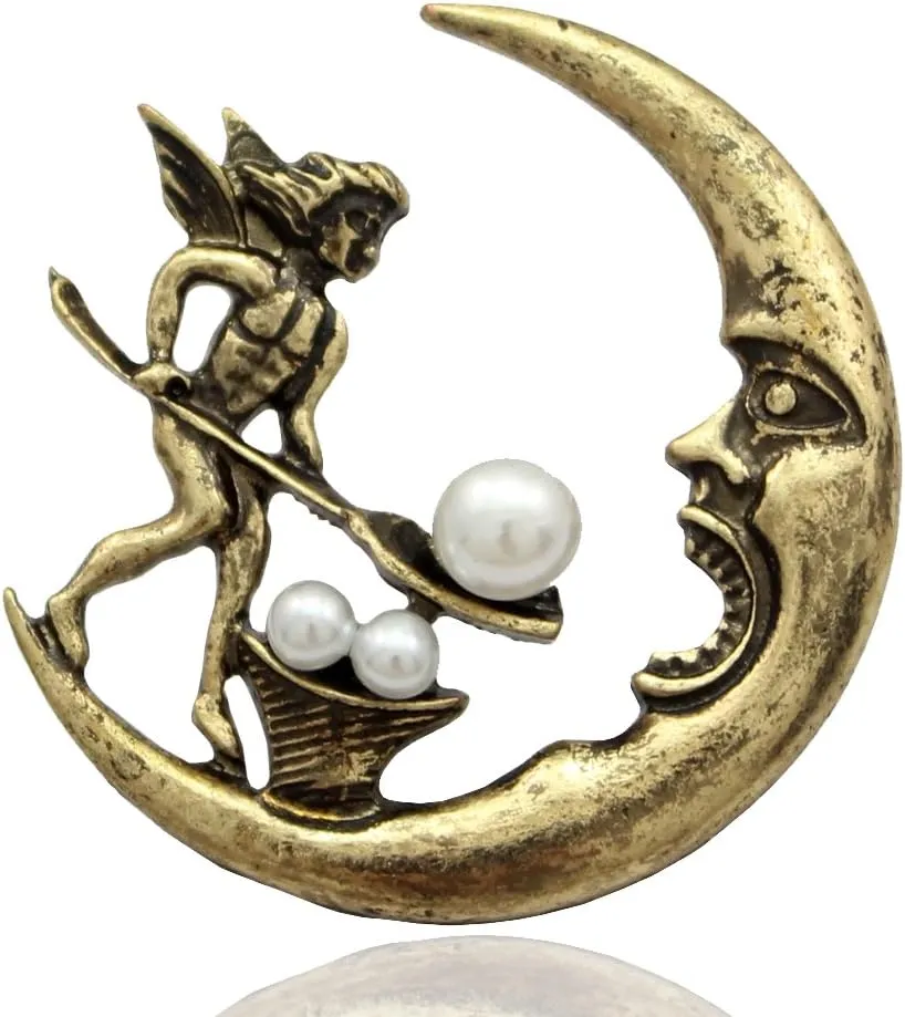 Vintage Golden Q&Q Fashion Antique Tribal Angel Fairy Feeding Moon Cresent Simulated - Pearl Baroque Lapel Brooch Pin