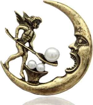Vintage Golden Q&Q Fashion Antique Tribal Angel Fairy Feeding Moon Cresent Simulated - Pearl Baroque Lapel Brooch Pin