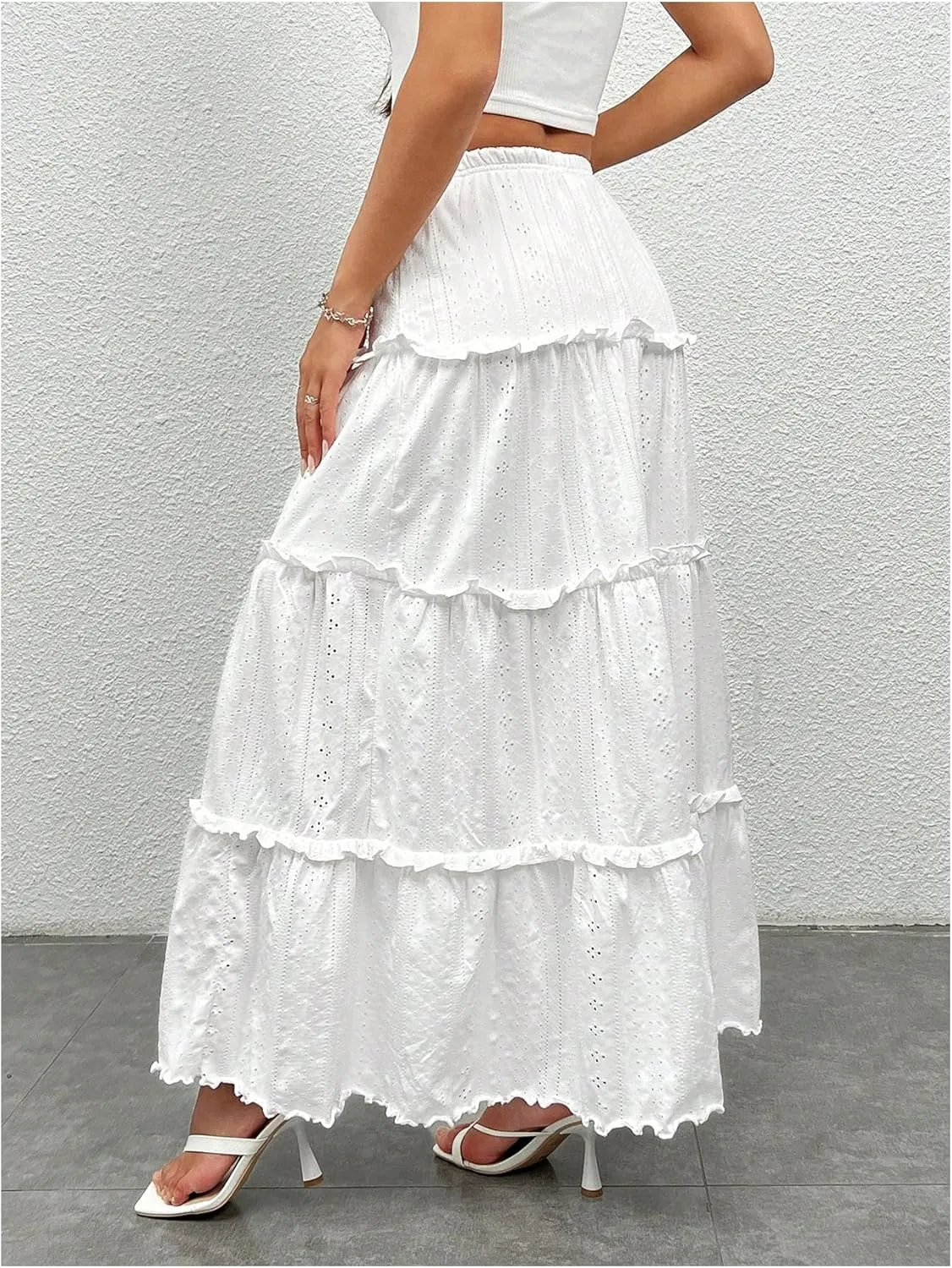 WDIRARA Women's High Waist Eyelet Embroidery Maxi Skirt Ruffle Hem Tiered Layer Loose Fit Skirts