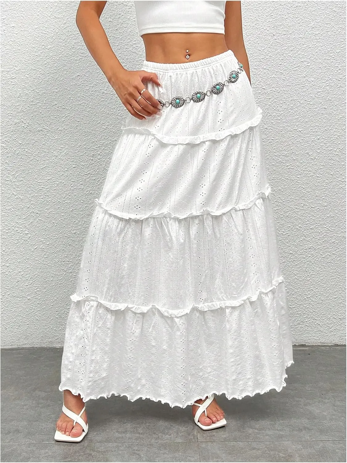 WDIRARA Women's High Waist Eyelet Embroidery Maxi Skirt Ruffle Hem Tiered Layer Loose Fit Skirts