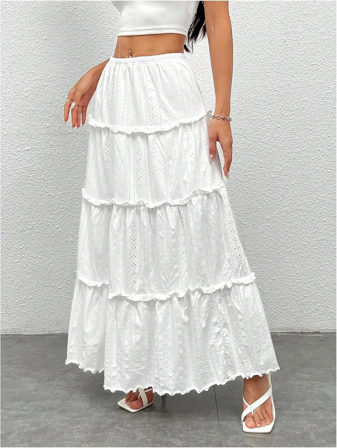 WDIRARA Women's High Waist Eyelet Embroidery Maxi Skirt Ruffle Hem Tiered Layer Loose Fit Skirts