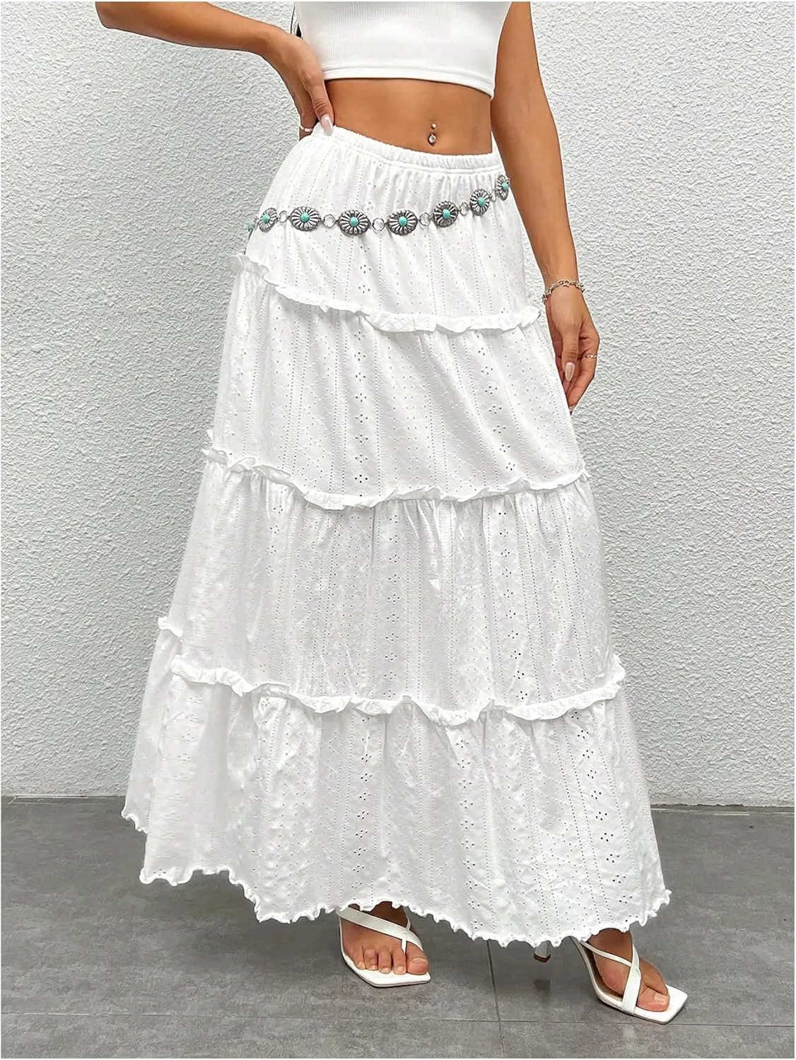WDIRARA Women's High Waist Eyelet Embroidery Maxi Skirt Ruffle Hem Tiered Layer Loose Fit Skirts