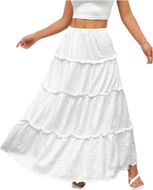 WDIRARA Women's High Waist Eyelet Embroidery Maxi Skirt Ruffle Hem Tiered Layer Loose Fit Skirts