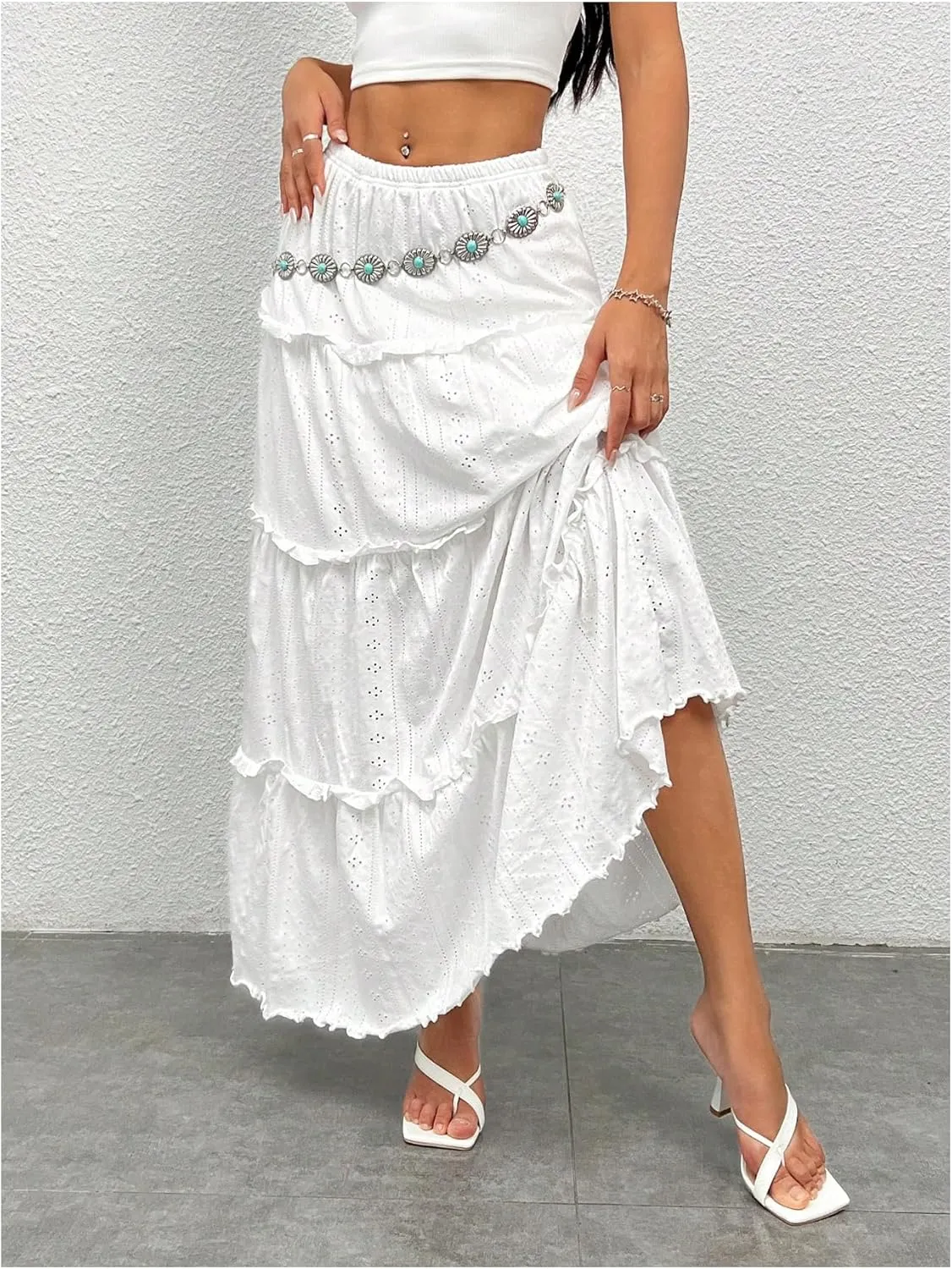 WDIRARA Women's High Waist Eyelet Embroidery Maxi Skirt Ruffle Hem Tiered Layer Loose Fit Skirts