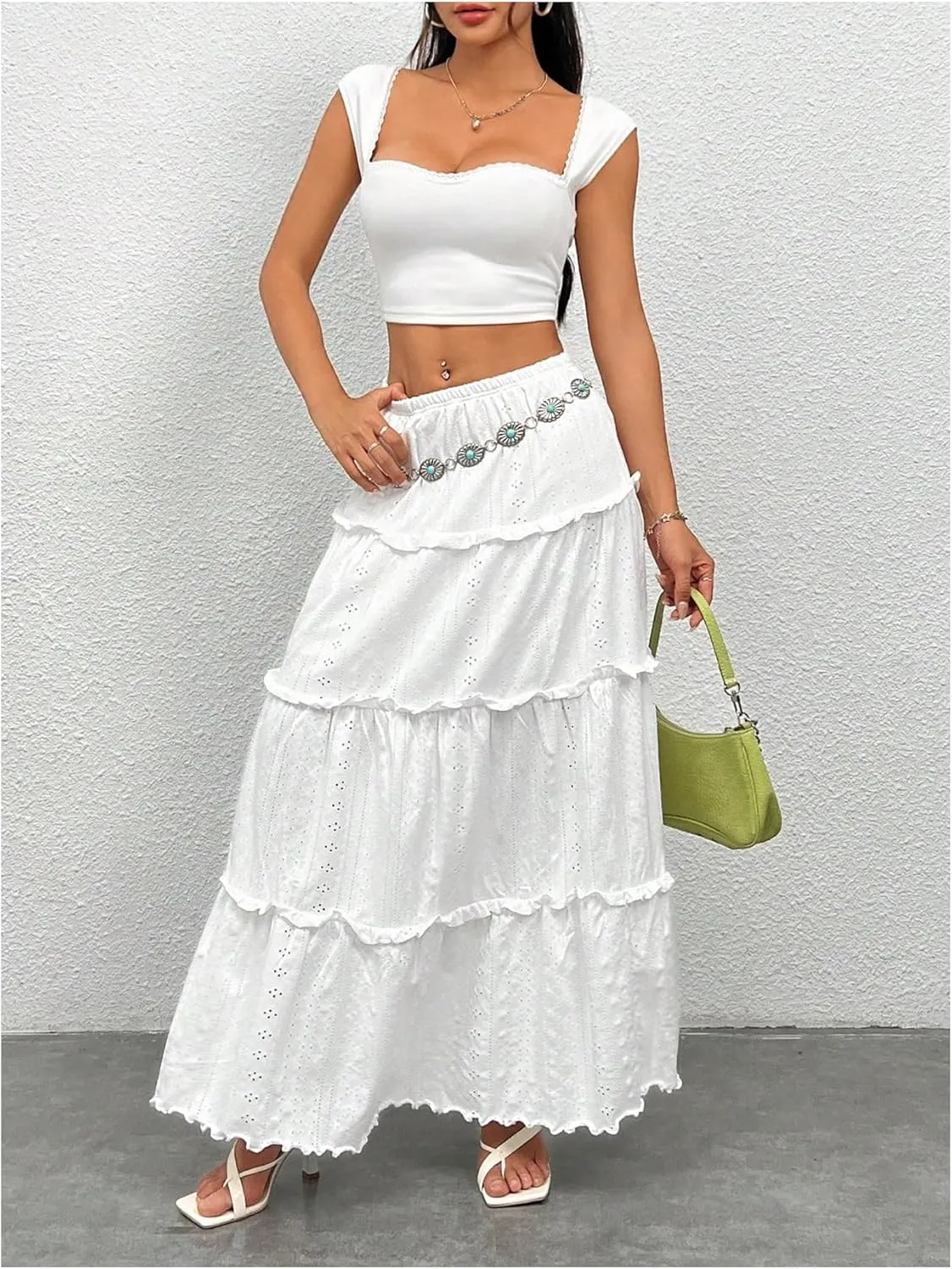 WDIRARA Women's High Waist Eyelet Embroidery Maxi Skirt Ruffle Hem Tiered Layer Loose Fit Skirts