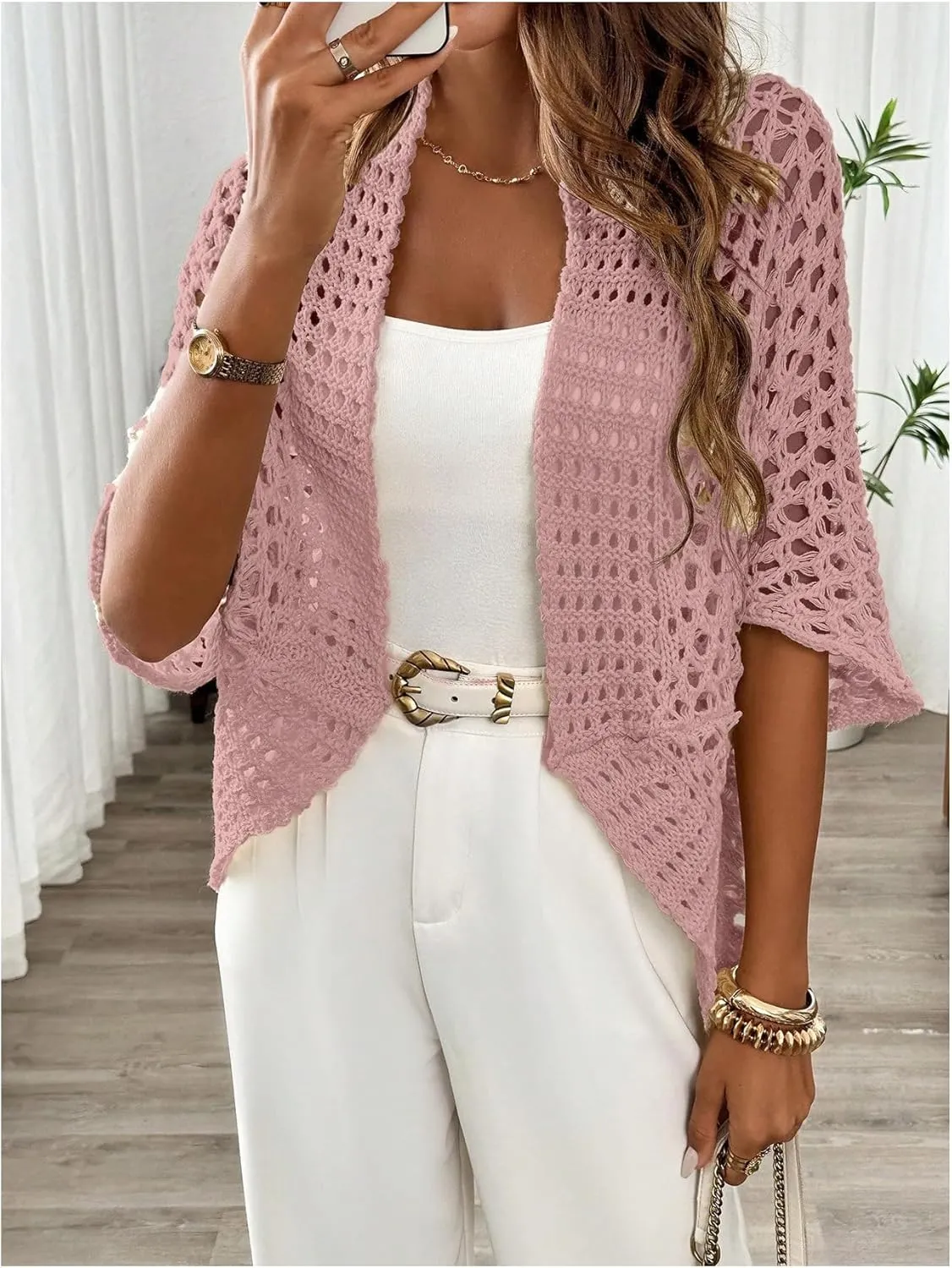 WDIRARA Women's Hollow Out Open Front Cardigan Sweater Lightweight Cardigans 3/4 Sleeve Tunic Crochet Knit Top