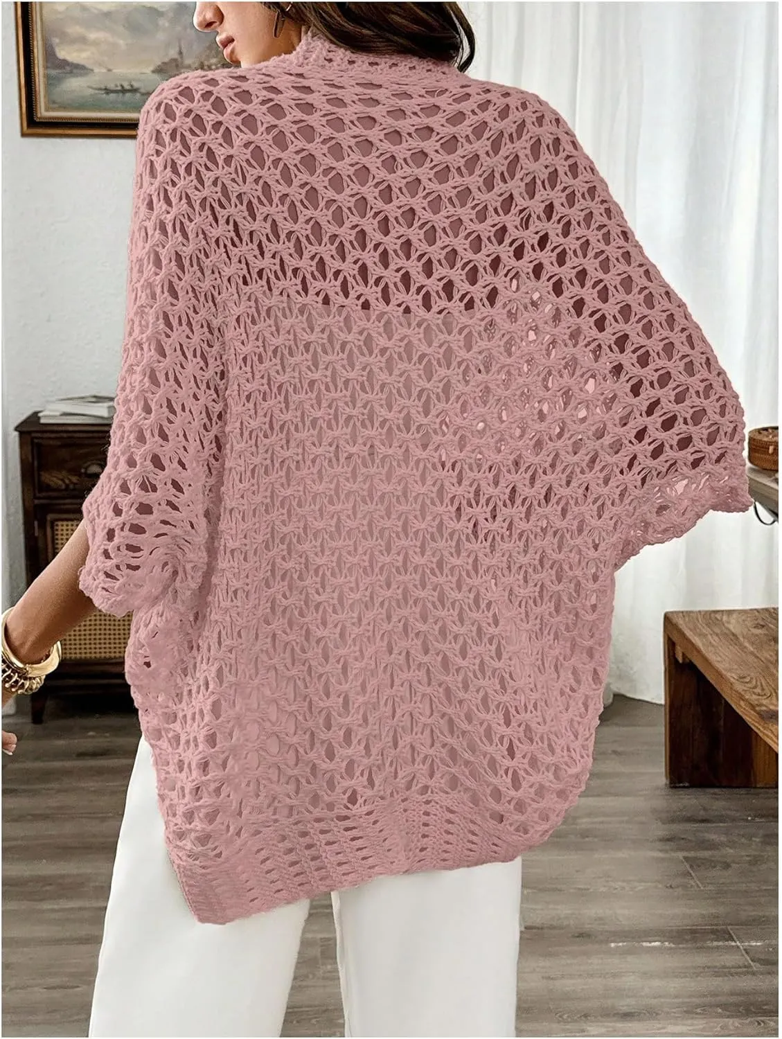 WDIRARA Women's Hollow Out Open Front Cardigan Sweater Lightweight Cardigans 3/4 Sleeve Tunic Crochet Knit Top
