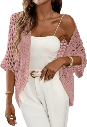 WDIRARA Women's Hollow Out Open Front Cardigan Sweater Lightweight Cardigans 3/4 Sleeve Tunic Crochet Knit Top
