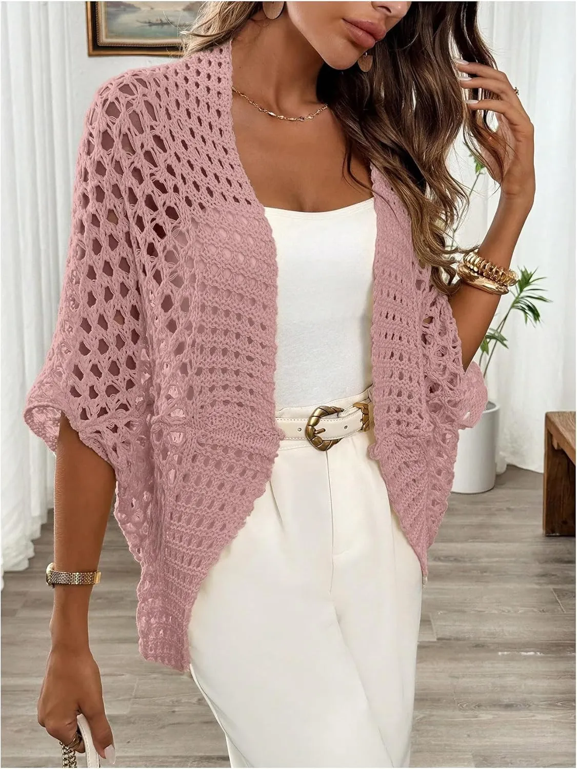 WDIRARA Women's Hollow Out Open Front Cardigan Sweater Lightweight Cardigans 3/4 Sleeve Tunic Crochet Knit Top