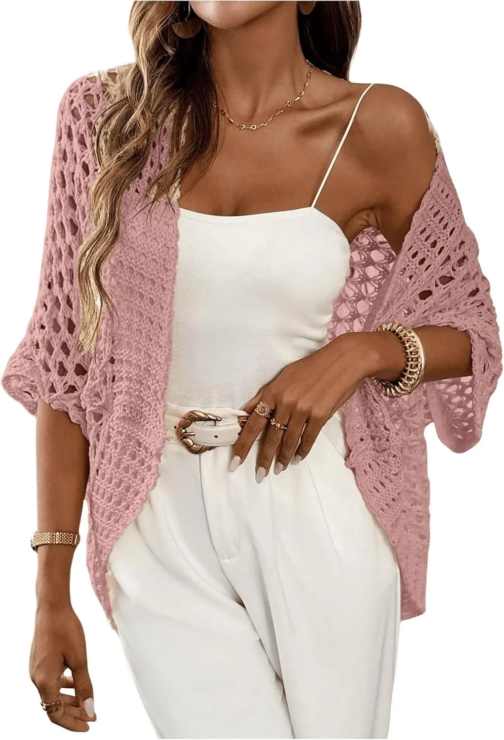 WDIRARA Women's Hollow Out Open Front Cardigan Sweater Lightweight Cardigans 3/4 Sleeve Tunic Crochet Knit Top