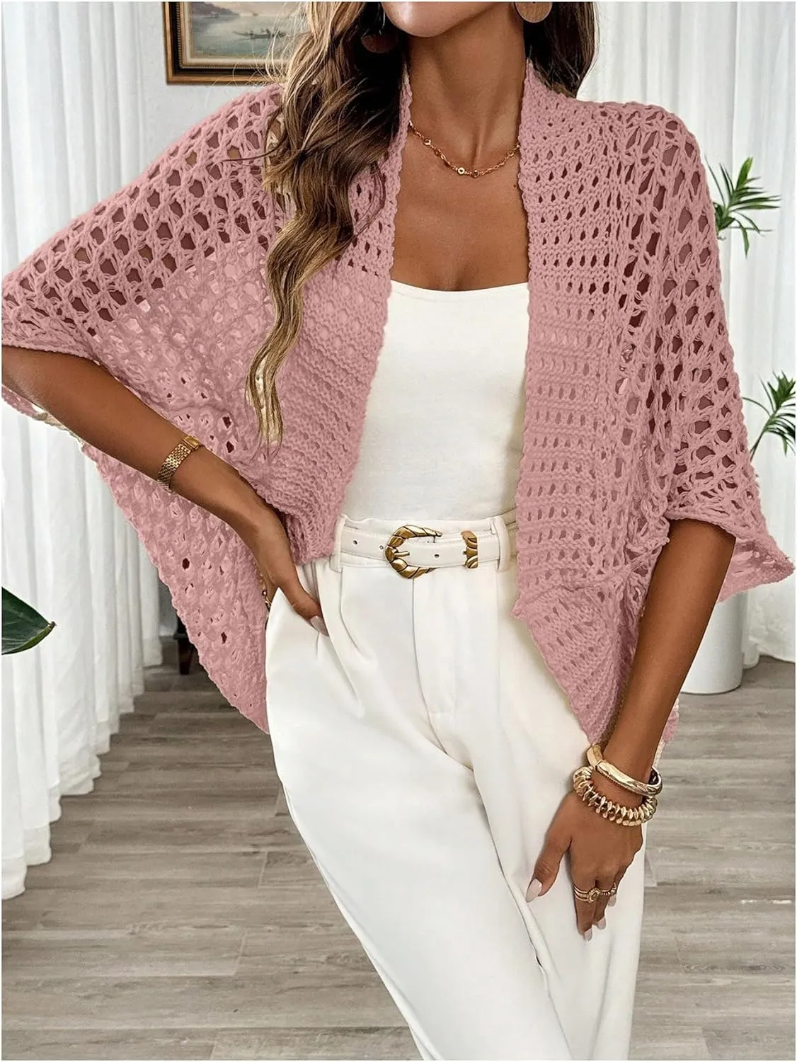 WDIRARA Women's Hollow Out Open Front Cardigan Sweater Lightweight Cardigans 3/4 Sleeve Tunic Crochet Knit Top