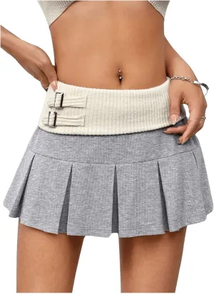 WDIRARA Women's Low Waist Color Block Pleated Skirt Contrast Sweater Trendy Y2k Mini Skirt