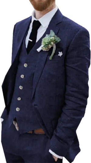Wehilion Retro Linen Men Suit Beach Wedding Suit Summer Slim Fit 3 Pieces Light Weight Linen Suit Jacket Vest Pant Tuxedo