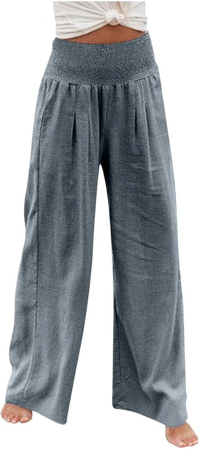 Wide Leg Pants Women Summer Casual Drawstring High Waist Cotton Linen Trousers Resort Wear Beach Trendy Palazzo Pant