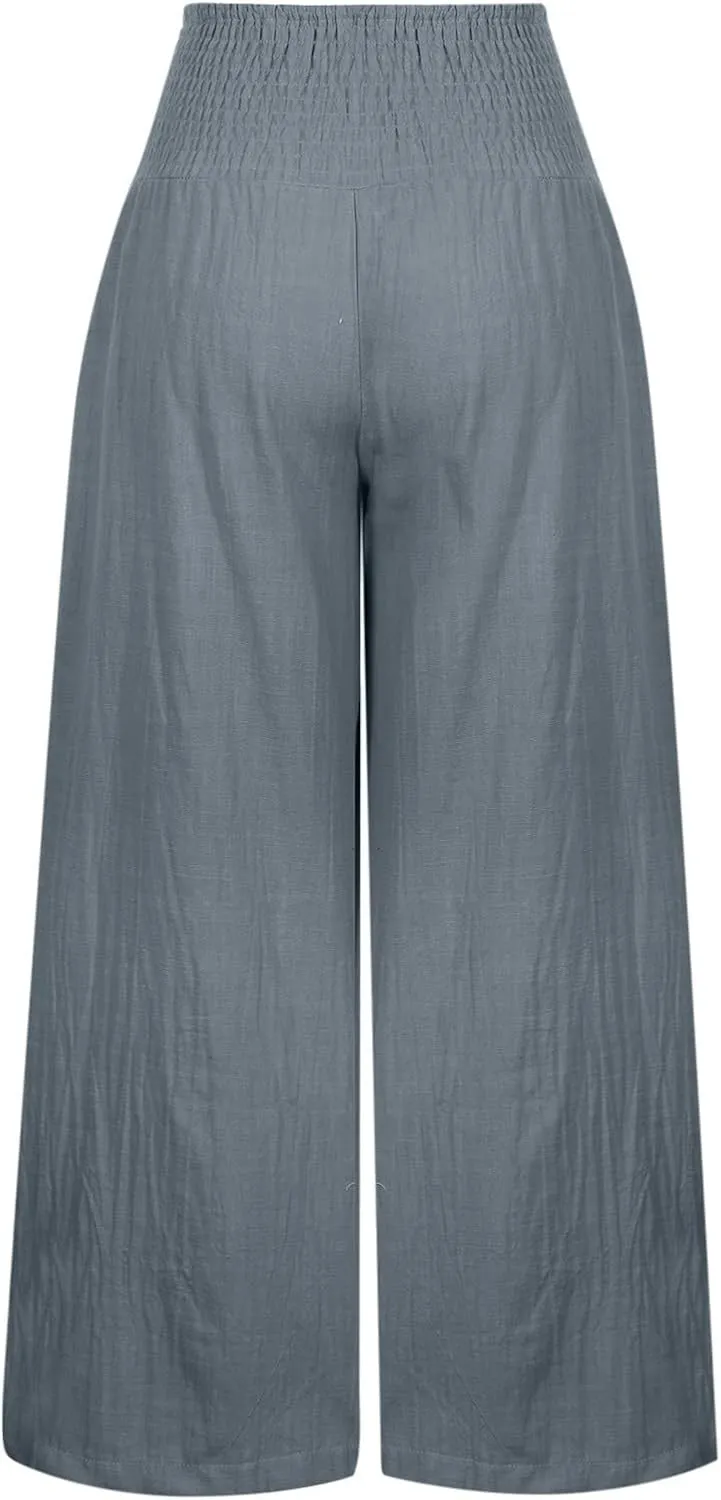 Wide Leg Pants Women Summer Casual Drawstring High Waist Cotton Linen Trousers Resort Wear Beach Trendy Palazzo Pant