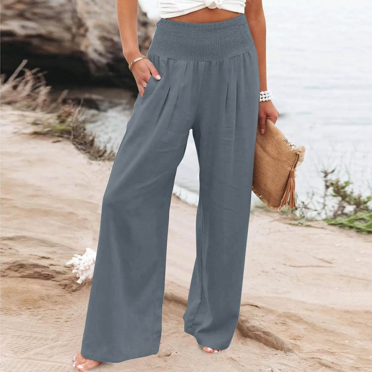 Wide Leg Pants Women Summer Casual Drawstring High Waist Cotton Linen Trousers Resort Wear Beach Trendy Palazzo Pant