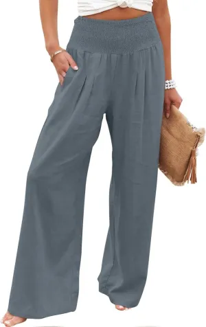 Wide Leg Pants Women Summer Casual Drawstring High Waist Cotton Linen Trousers Resort Wear Beach Trendy Palazzo Pant