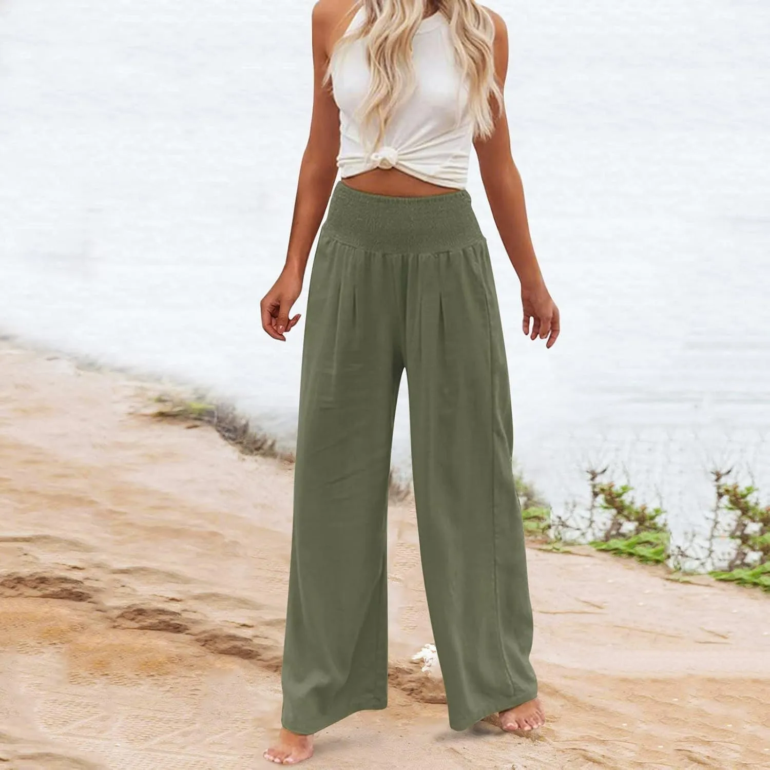 Wide Leg Pants Women Summer Casual Drawstring High Waist Cotton Linen Trousers Resort Wear Beach Trendy Palazzo Pant