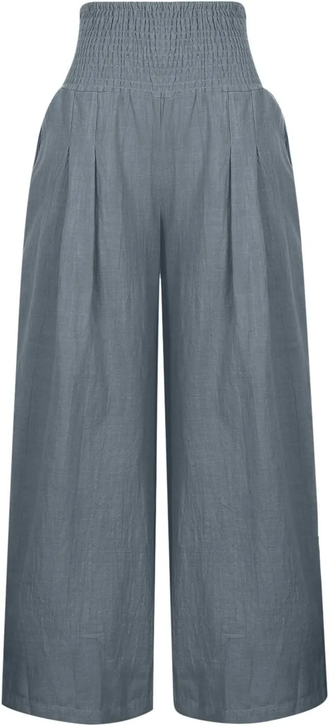 Wide Leg Pants Women Summer Casual Drawstring High Waist Cotton Linen Trousers Resort Wear Beach Trendy Palazzo Pant